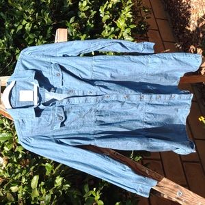 So Button Down Cotton Chambray Tiered Dress Flap Pockets S